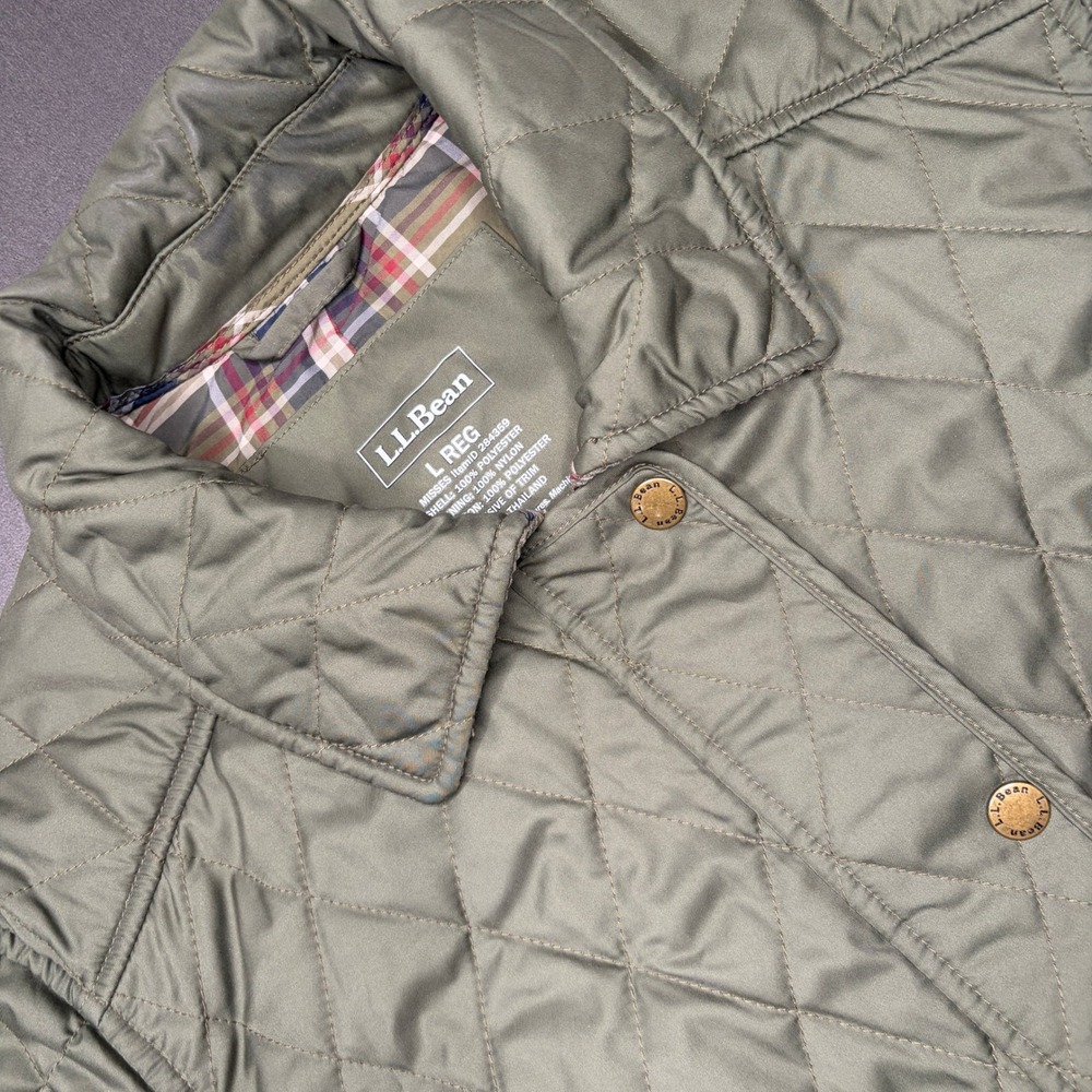 LL Bean Quilted Riding Jacket Women Large Olive Green Plaid Lined Snap Barn Coat - Picture 2 of 14
